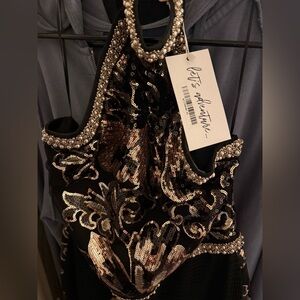 Black and Gold Sequin Halter Dress